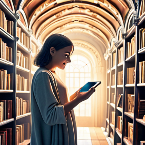 Home 13 A person holding a smartphone or tablet, from which a vast, magical digital library seems to expand into an ethereal, dreamy space. The person looks delighted and immersed, symbolizing the concept of "a huge library in my pocket" and the effortless discovery of countless books. The style is modern and fantastical, with soft, inviting lighting.