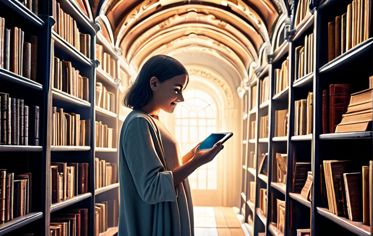 A person holding a smartphone or tablet, from which a vast, magical digital library seems to expand into an ethereal, dreamy space. The person looks delighted and immersed, symbolizing the concept of "a huge library in my pocket" and the effortless discovery of countless books. The style is modern and fantastical, with soft, inviting lighting.