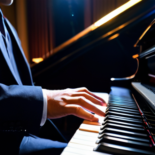 Home 8 A professional jazz pianist, fully clothed in a modest suit, intensely focused while improvising on a grand piano in a dimly lit, sophisticated jazz club. Their hands move expressively and fluidly over the keys, conveying deep emotion. The background is softly blurred with warm stage lights. Perfect anatomy, correct proportions, natural pose, well-formed hands, proper finger count. Professional photography, high quality, cinematic lighting, safe for work, appropriate content, modest, family-friendly.