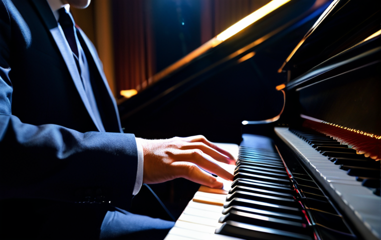 A professional jazz pianist, fully clothed in a modest suit, intensely focused while improvising on a grand piano in a dimly lit, sophisticated jazz club. Their hands move expressively and fluidly over the keys, conveying deep emotion. The background is softly blurred with warm stage lights. Perfect anatomy, correct proportions, natural pose, well-formed hands, proper finger count. Professional photography, high quality, cinematic lighting, safe for work, appropriate content, modest, family-friendly.
