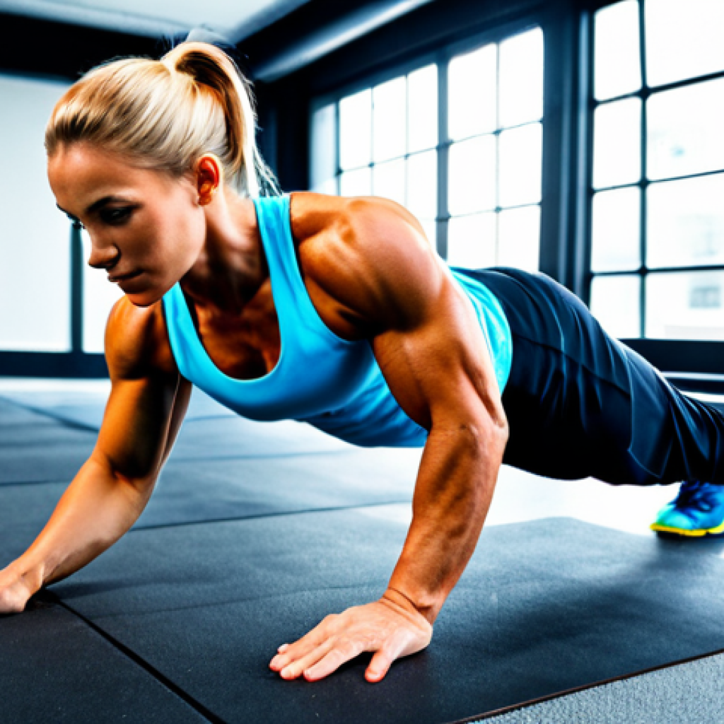 Mastering the Push-Up**

"A determined athlete, fully clothed in workout gear, performing a perfect push-up with proper form in a bright, modern gym, appropriate attire, safe for work, perfect anatomy, correct proportions, professional photography, high quality, focus on form and muscle engagement, family-friendly."

**