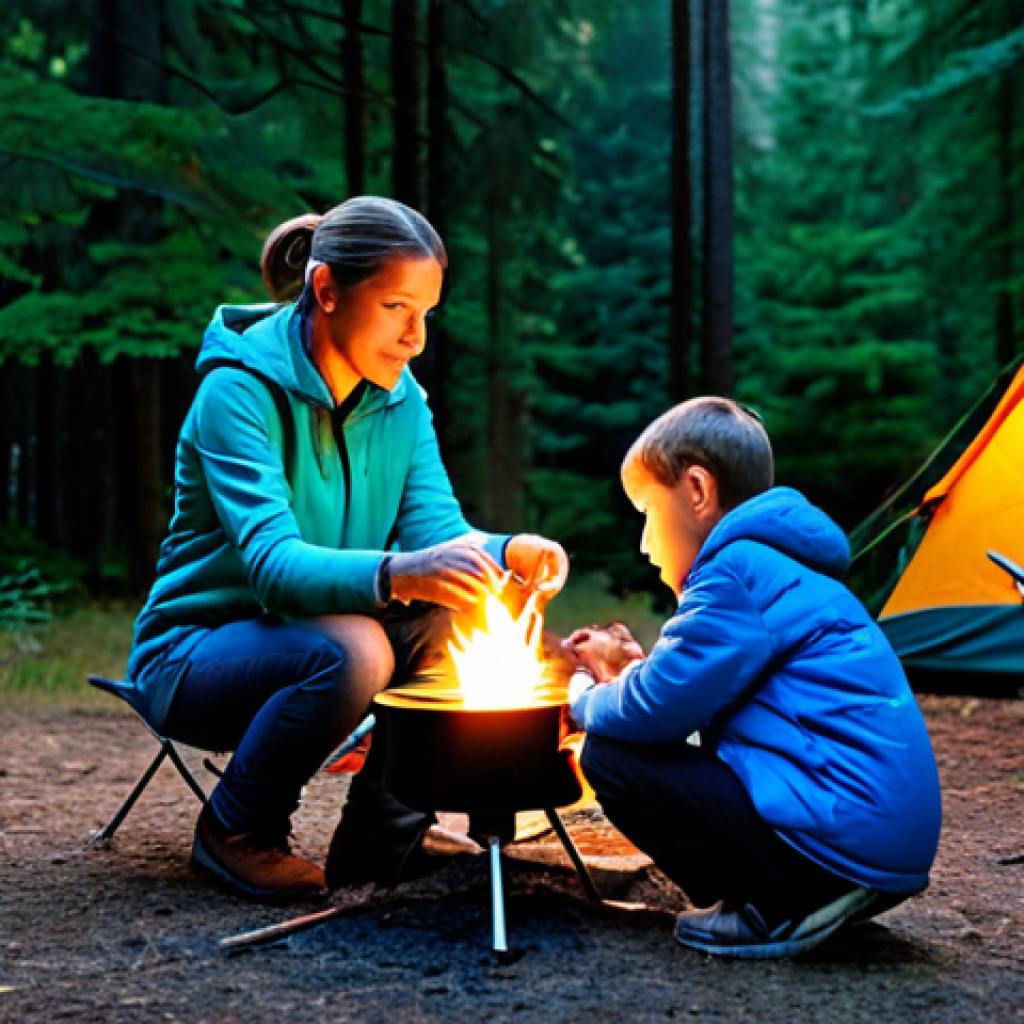 Campsite Scene at Dusk**

"A family-friendly campsite at dusk. A fully clothed woman is cooking on a canister stove on a camp table. A man and two children are sitting in camp chairs around a small campfire. A tent is visible in the background, illuminated by a lantern. Forest setting with trees and foliage. Safe for work, appropriate content, fully clothed, professional photography, perfect anatomy, natural proportions, warm lighting, modest attire, well-formed hands, proper finger count."

**