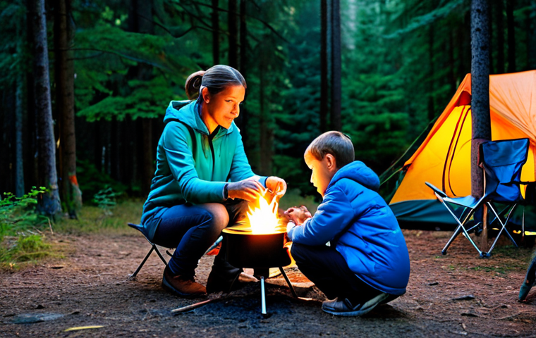Campsite Scene at Dusk**

"A family-friendly campsite at dusk. A fully clothed woman is cooking on a canister stove on a camp table. A man and two children are sitting in camp chairs around a small campfire. A tent is visible in the background, illuminated by a lantern. Forest setting with trees and foliage. Safe for work, appropriate content, fully clothed, professional photography, perfect anatomy, natural proportions, warm lighting, modest attire, well-formed hands, proper finger count."

**