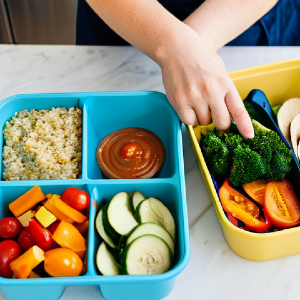 Bento Box Preparation**

"A person packing a colorful and organized bento box lunch in a bright, modern kitchen. The bento box contains compartments with a variety of healthy foods: quinoa, roasted vegetables, hummus, and sliced bell peppers. The person is wearing an apron and smiling slightly. Safe for work, appropriate content, fully clothed, modest, family-friendly, professional photography, perfect anatomy, correct proportions, well-formed hands, proper finger count, natural body proportions."

**