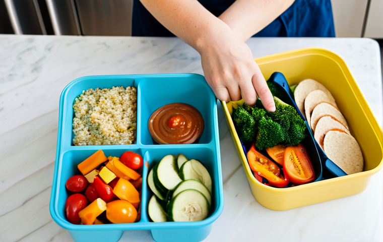 Bento Box Preparation**

"A person packing a colorful and organized bento box lunch in a bright, modern kitchen. The bento box contains compartments with a variety of healthy foods: quinoa, roasted vegetables, hummus, and sliced bell peppers. The person is wearing an apron and smiling slightly. Safe for work, appropriate content, fully clothed, modest, family-friendly, professional photography, perfect anatomy, correct proportions, well-formed hands, proper finger count, natural body proportions."

**
