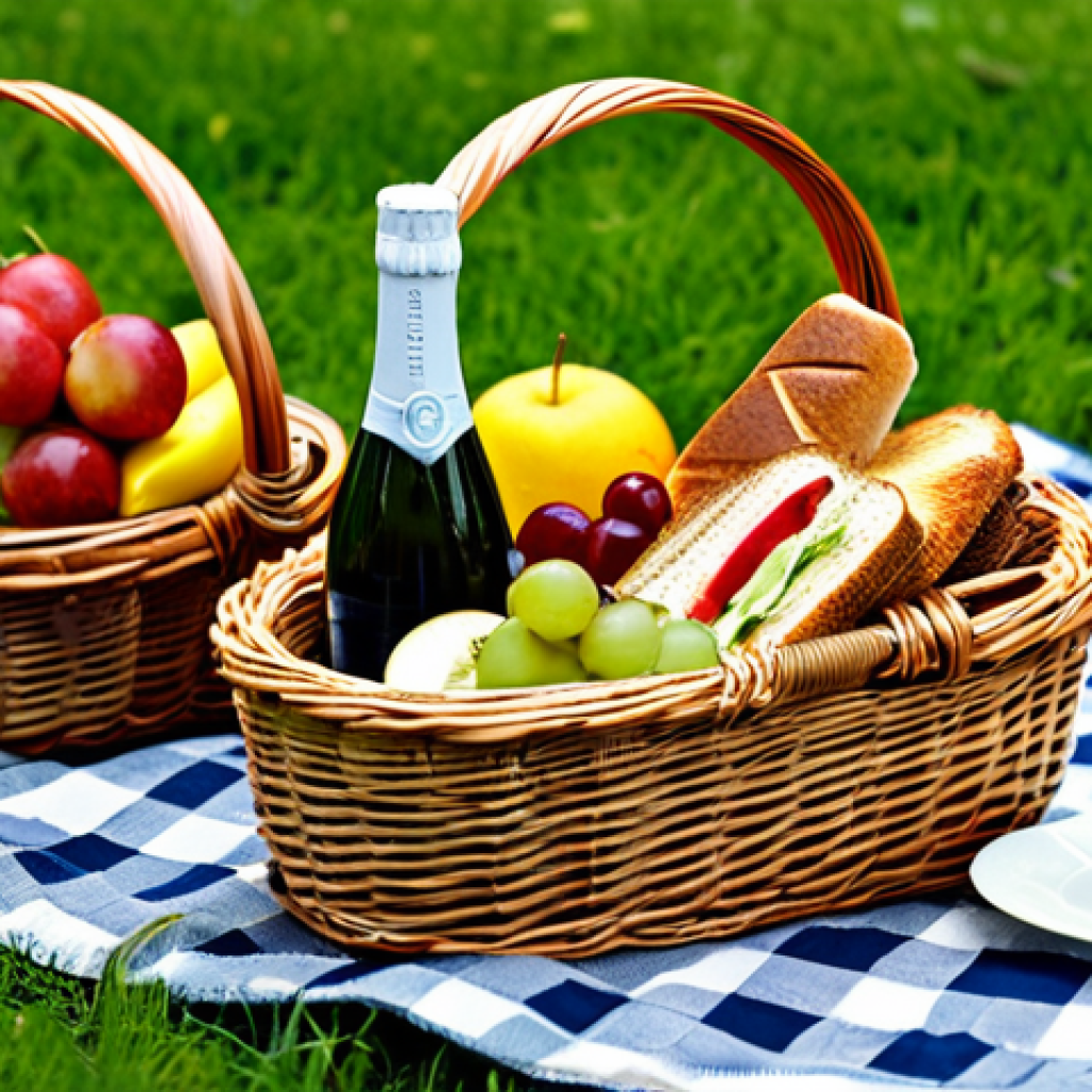 Elegant Picnic Basket**

"A beautifully arranged picnic basket on a checkered blanket in a sunny park, fully clothed, appropriate content, safe for work. The basket is wicker with leather straps, filled with gourmet sandwiches, fruit, and a bottle of sparkling cider. Perfect anatomy, natural proportions, high-resolution photography, professional, modest, family-friendly. Focus on the basket's details and the inviting food arrangement."

**
