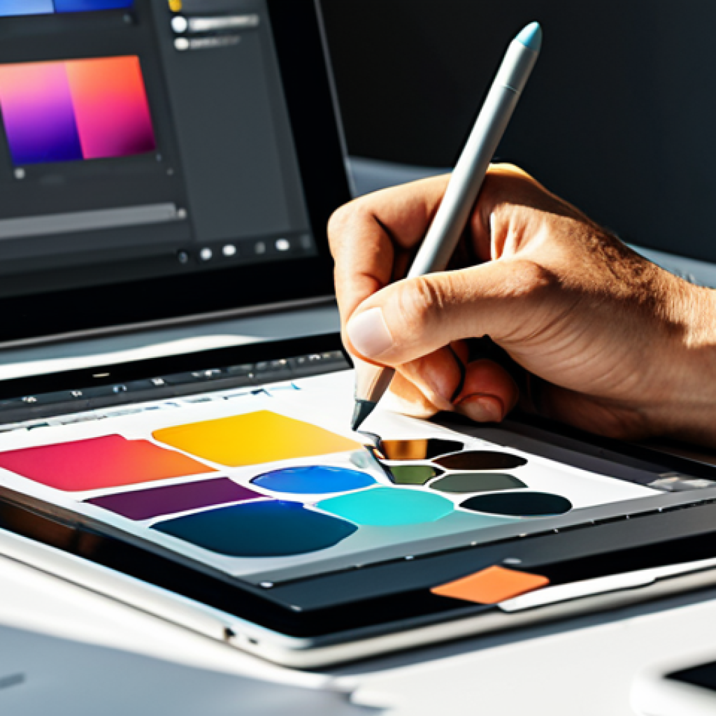 **Color Emotion:** "A vibrant illustration showcasing a professional graphic designer experimenting with various color palettes on a digital tablet in a sunlit studio. Mood board with textures and color swatches in the background. Safe for work, appropriate content, fully clothed, professional, perfect anatomy, correct proportions, well-formed hands, natural pose, high quality."