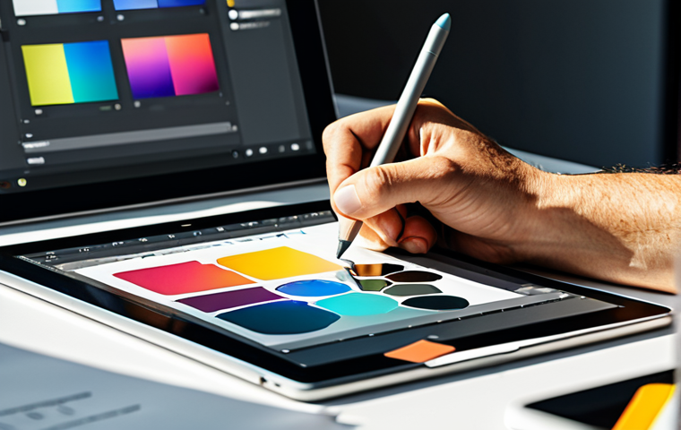 **Color Emotion:** "A vibrant illustration showcasing a professional graphic designer experimenting with various color palettes on a digital tablet in a sunlit studio. Mood board with textures and color swatches in the background. Safe for work, appropriate content, fully clothed, professional, perfect anatomy, correct proportions, well-formed hands, natural pose, high quality."