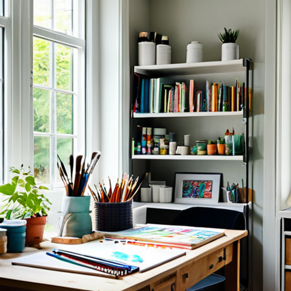 미술 취미 - Organized Art Space**

"A bright and airy home art studio, featuring neatly organized shelves with p...
