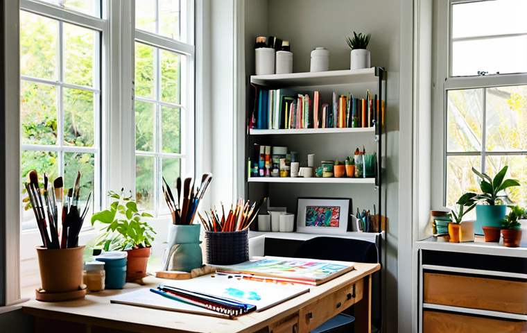 미술 취미 - Organized Art Space**

"A bright and airy home art studio, featuring neatly organized shelves with p...