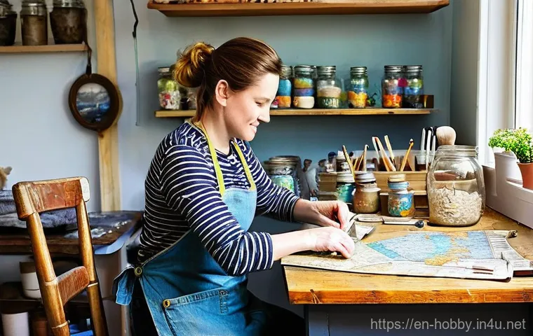 공예 작품 만들기 - **Prompt: The Upcycled Artisan's Haven**
    A brightly lit, airy crafting studio during the day, sh...