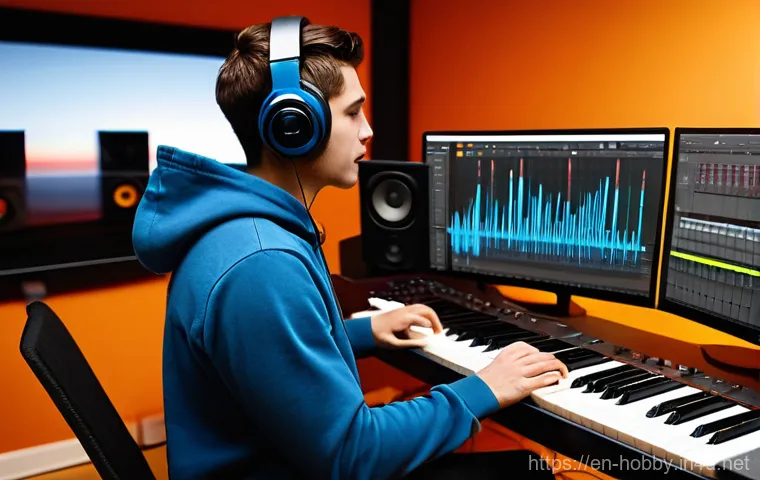 음악 작곡 프로그램 - **Prompt 1: The Modern Home Studio Maestro**
    A young, diverse individual, gender-neutral, wearin...