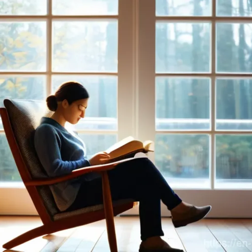 독서 목표 설정 - **Prompt:** A serene, cozy reading nook bathed in warm, soft morning light. A person, dressed in com...