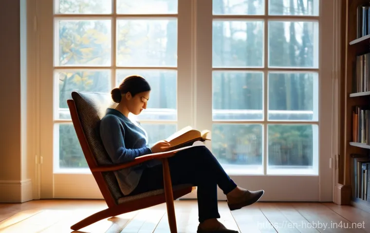 독서 목표 설정 - **Prompt:** A serene, cozy reading nook bathed in warm, soft morning light. A person, dressed in com...
