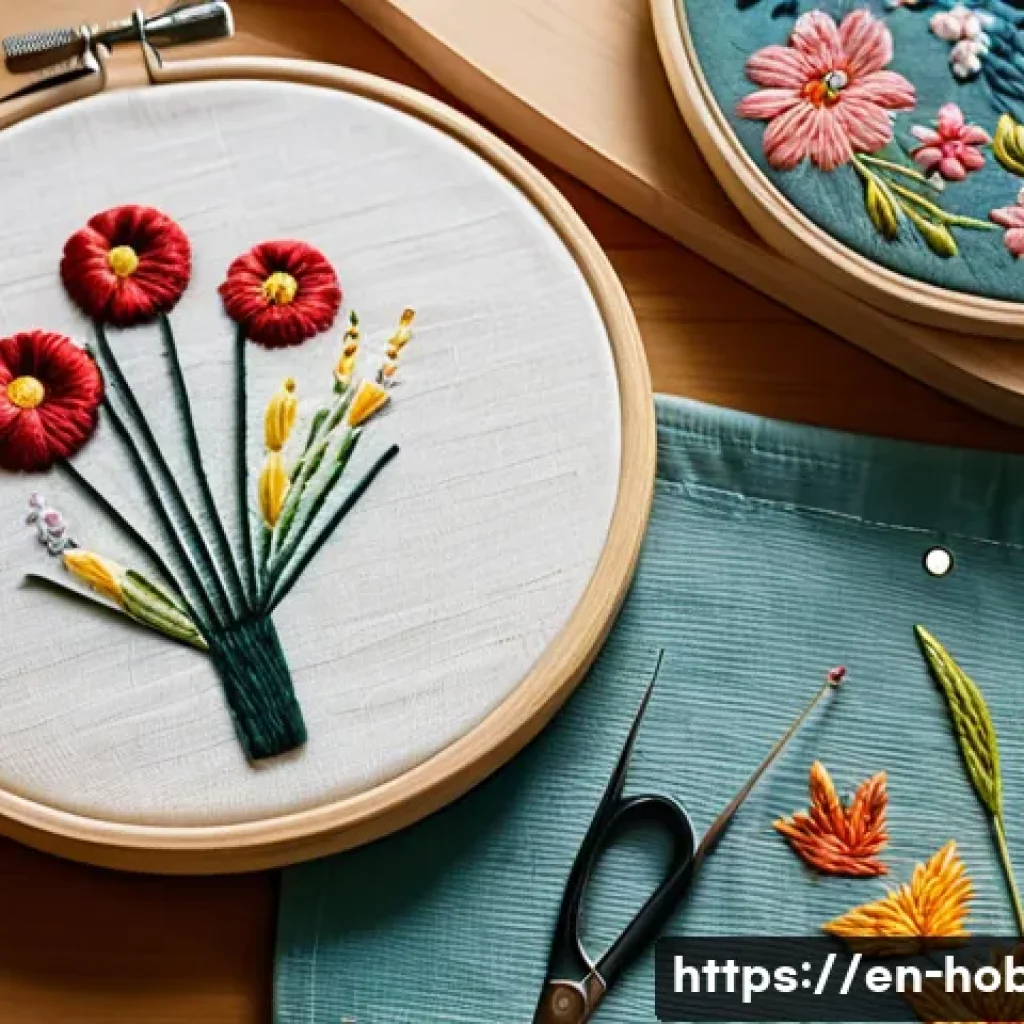 수놓기 기술 - A close-up, highly detailed image of an embroidery workspace featuring a medium-weight cotton fabric...