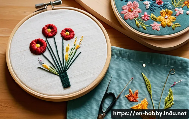 수놓기 기술 - A close-up, highly detailed image of an embroidery workspace featuring a medium-weight cotton fabric...