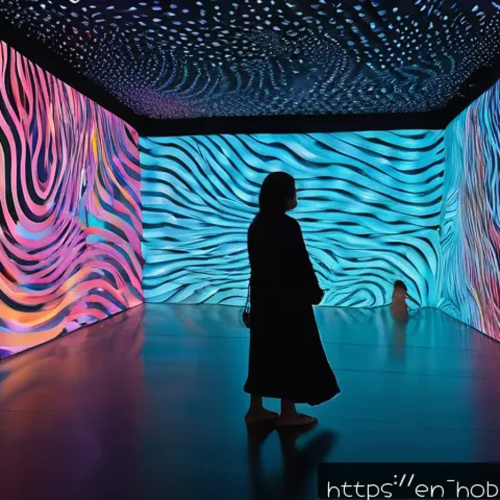 미술 작품 전시 - A large-scale immersive art installation inside a modern gallery space, featuring dynamic projection...
