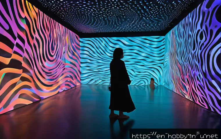 미술 작품 전시 - A large-scale immersive art installation inside a modern gallery space, featuring dynamic projection...