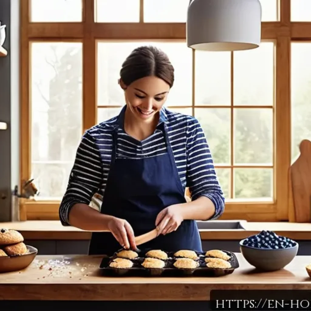 집에서 만드는 베이킹 - A warm, inviting kitchen scene featuring a baker gently mixing muffin batter in a large ceramic bowl...