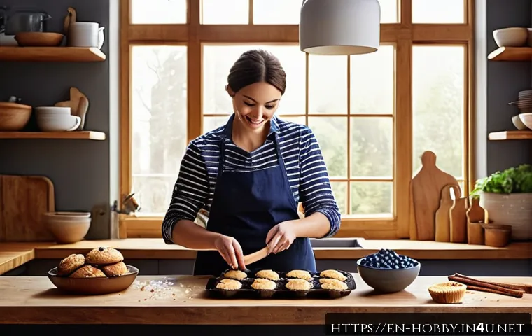 집에서 만드는 베이킹 - A warm, inviting kitchen scene featuring a baker gently mixing muffin batter in a large ceramic bowl...