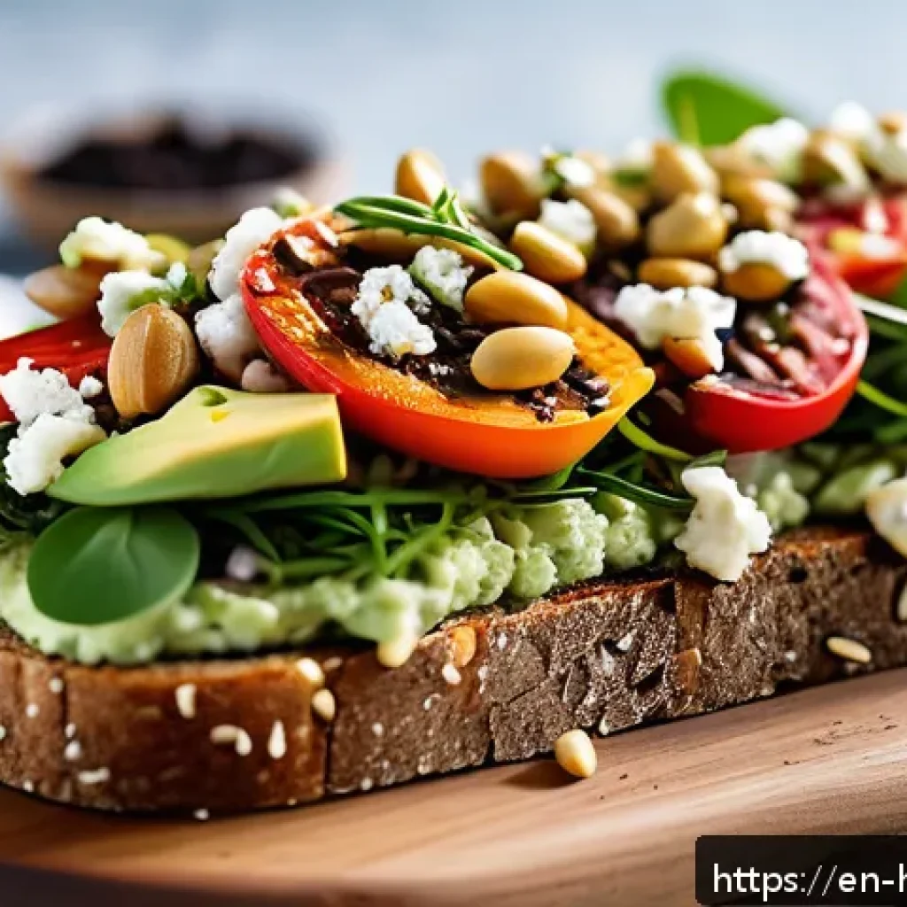 오픈 샌드위치 - A rustic open sandwich on a toasted multigrain bread base, generously spread with creamy avocado mas...
