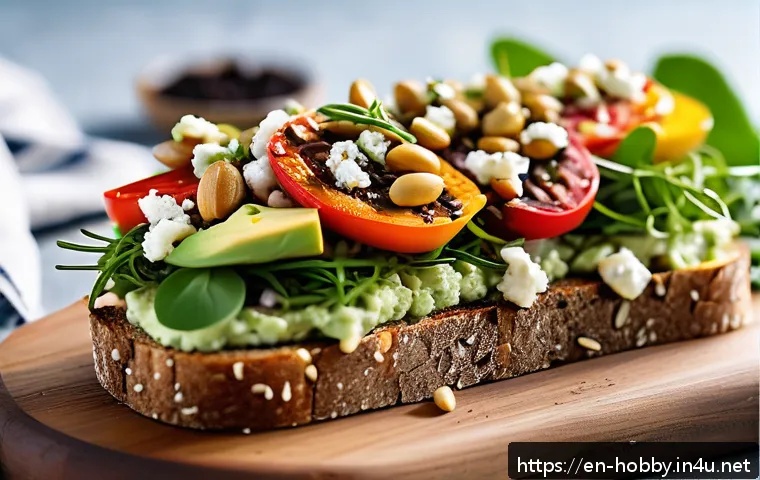 오픈 샌드위치 - A rustic open sandwich on a toasted multigrain bread base, generously spread with creamy avocado mas...