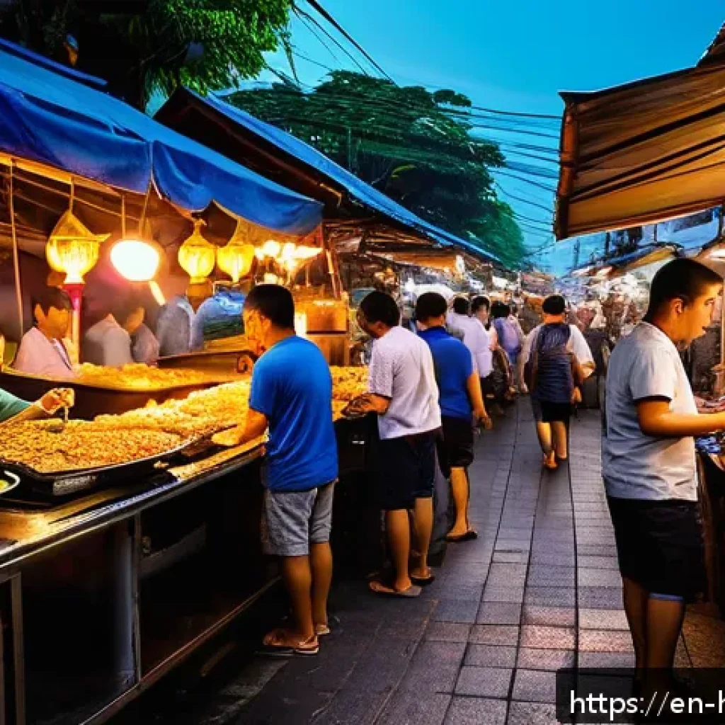 문화 탐방 여행 - A vibrant street food market scene in Bangkok at dusk, bustling with local vendors and diverse custo...