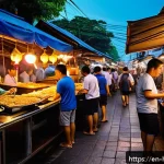 Home 21 문화 탐방 여행 - A vibrant street food market scene in Bangkok at dusk, bustling with local vendors and diverse custo...
