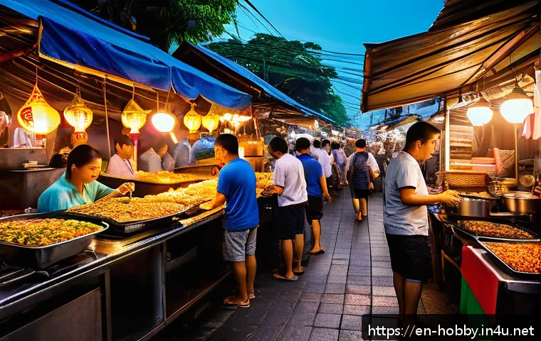 문화 탐방 여행 - A vibrant street food market scene in Bangkok at dusk, bustling with local vendors and diverse custo...