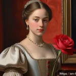 Home 20 창작 작품 해석 - A detailed oil painting of a Renaissance-style portrait featuring a young woman dressed in elegant p...