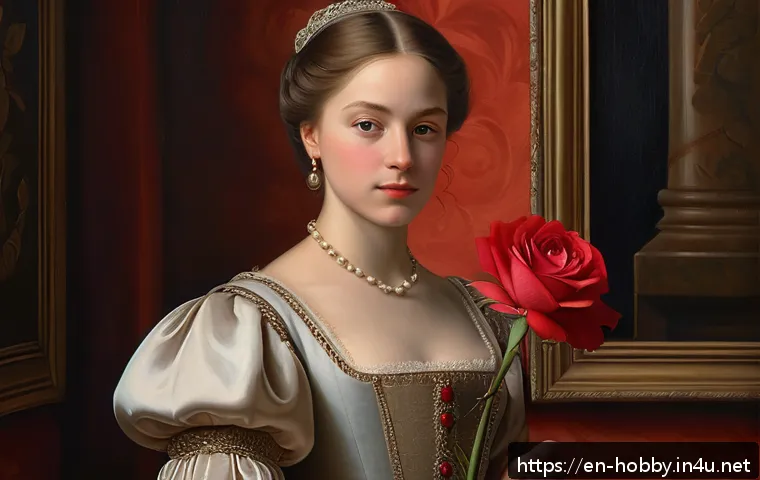 창작 작품 해석 - A detailed oil painting of a Renaissance-style portrait featuring a young woman dressed in elegant p...