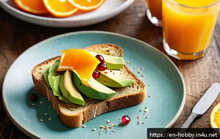 주말 브런치 메뉴 - A close-up of a vibrant brunch table featuring a slice of sourdough toast generously spread with cre...