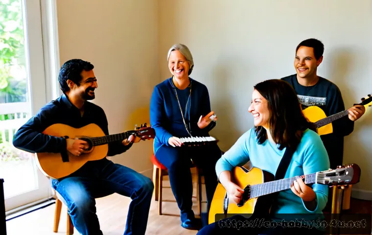 Home 14 취미 음악 동호회 - Photorealistic community music club gathering in a bright American neighborhood recreation room, div...