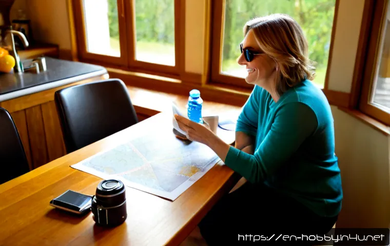 여행 취미 - Photorealistic travel hobby scene, cheerful middle-aged couple planning a weekend road trip at a bri...