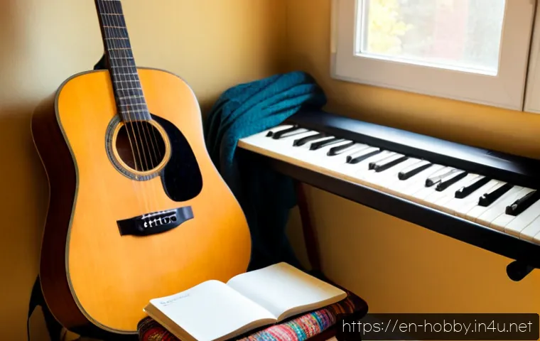 Home 16 악기 취미 - Photorealistic cozy home music corner, an adult beginner seated on a simple wooden chair practicing ...