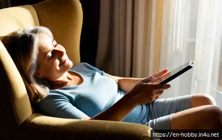 Home 16 책 읽기 앱 - Photorealistic cozy reading-app lifestyle scene, middle-aged woman relaxing in a sunlit living room ...