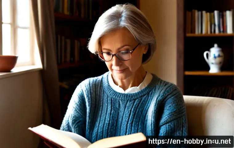 Home 17 인문학 독서 - Photorealistic quiet home library scene, thoughtful middle-aged woman in a comfortable sweater readi...